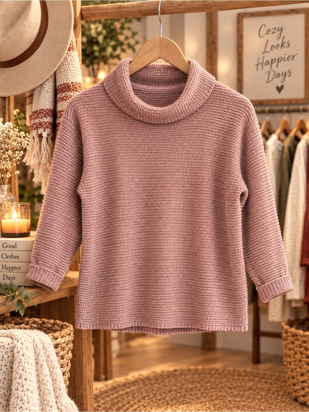 Dainty Hooligan Ribbed Cowl Neck Sweater in Dusty Rose